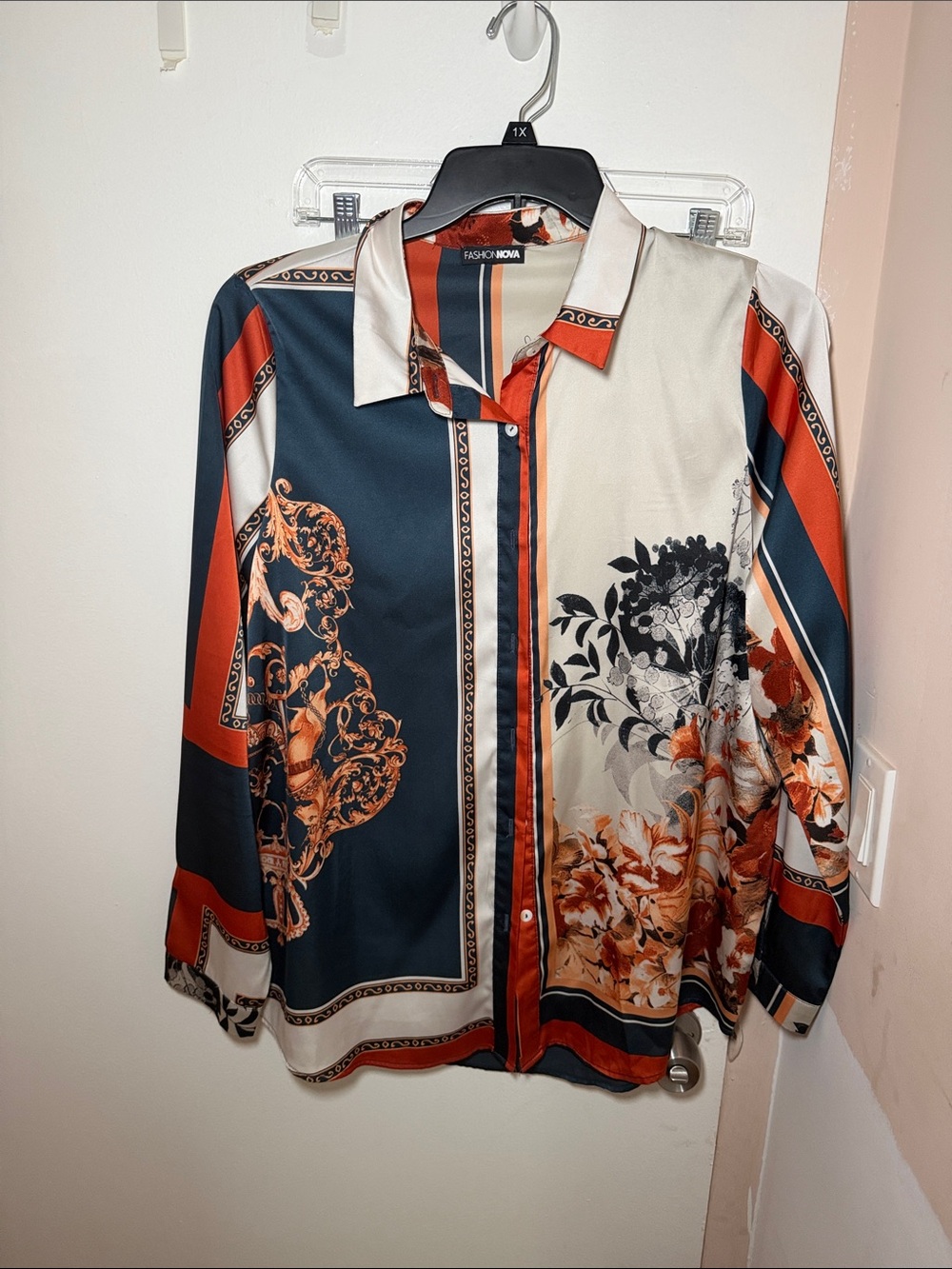Fashion Nova Men Satin Floral Baroque Button-Up Shirt - Navy/Orange/Cream